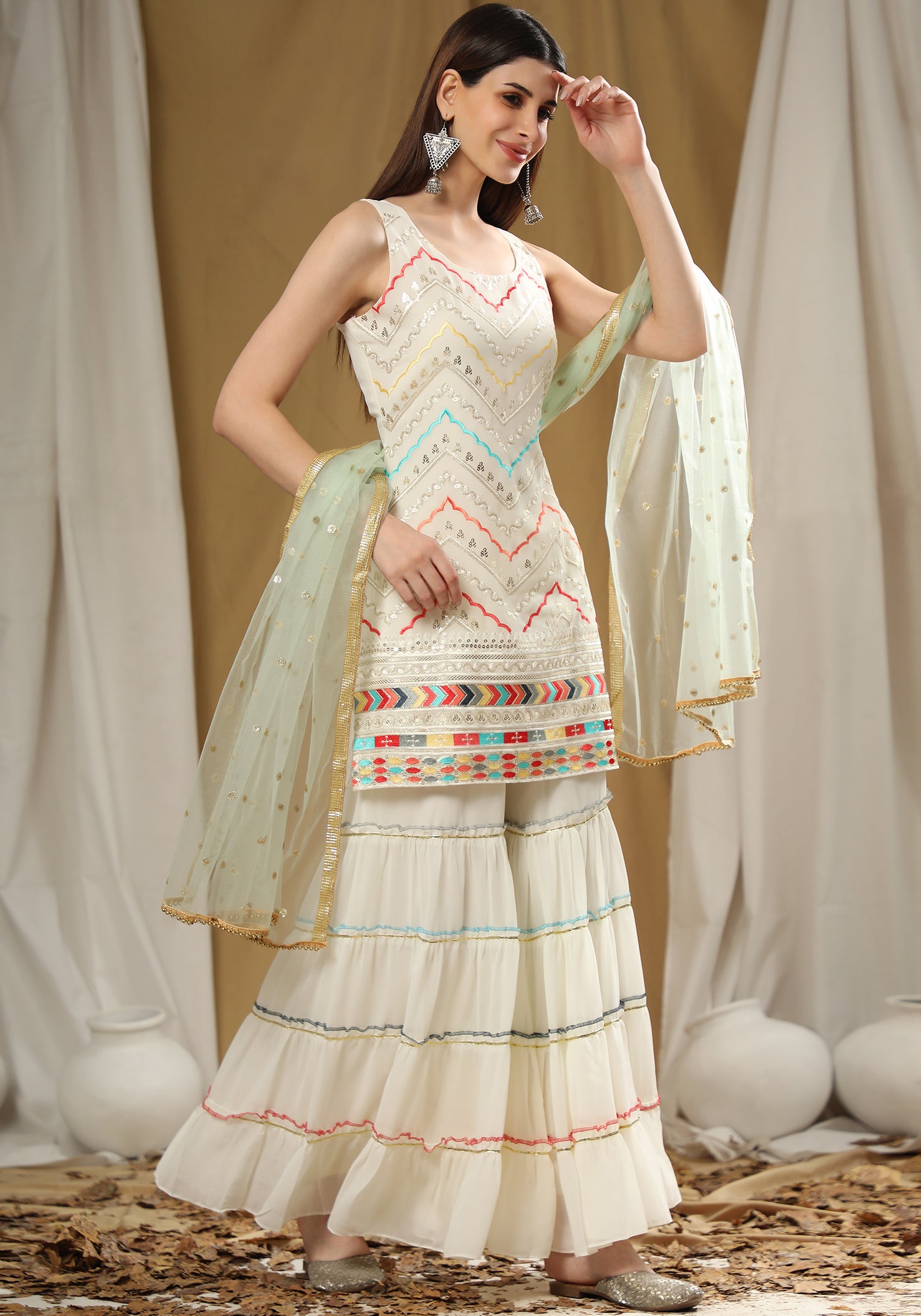 Buy Women Ivory Embroidered Sharara Set With Tiered Kurta And Dupatta -  Whites & Ivorys - Indya